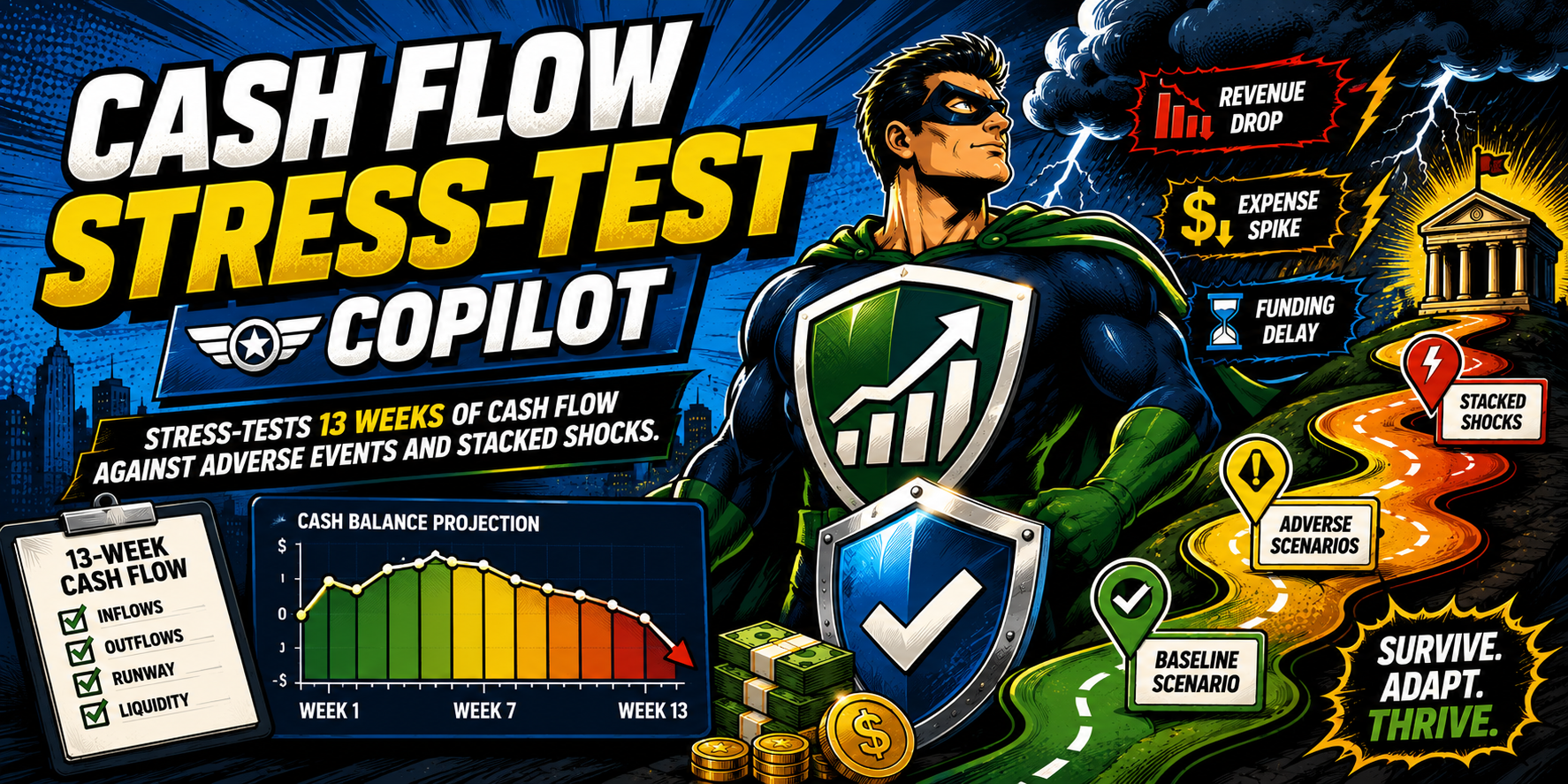 Comic-style Cash Flow Stress-Test Copilot dashboard illustration